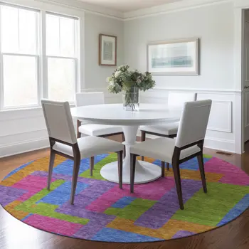 8' Purple Pink And Blue Round Abstract Washable Indoor Outdoor Area Rug