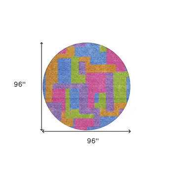 8' Purple Pink And Blue Round Abstract Washable Indoor Outdoor Area Rug