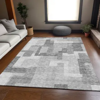 3' X 5' Silver And Charcoal Abstract Washable Indoor Outdoor Area Rug