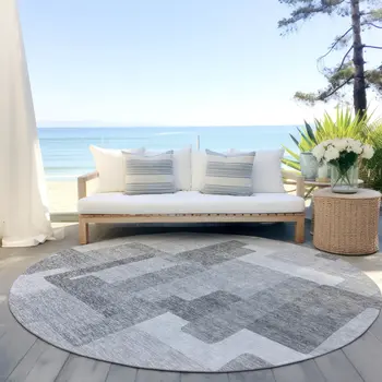 8' Silver And Charcoal Round Abstract Washable Indoor Outdoor Area Rug