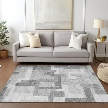 8' X 10' Silver And Charcoal Abstract Washable Indoor Outdoor Area Rug