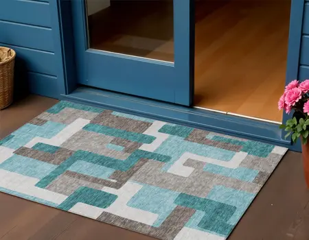3' X 5' Teal Blue Aqua And Beige Abstract Washable Indoor Outdoor Area Rug