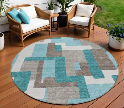 8' Teal Blue Aqua And Beige Round Abstract Washable Indoor Outdoor Area Rug