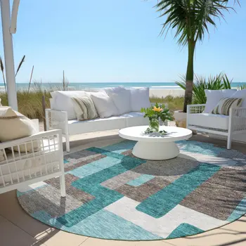 8' Teal Blue Aqua And Beige Round Abstract Washable Indoor Outdoor Area Rug