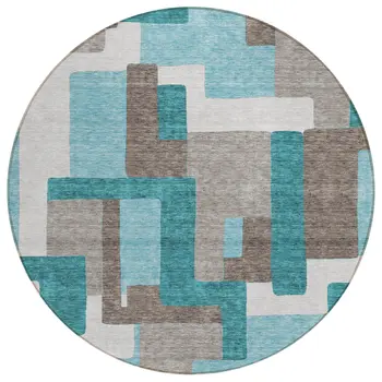 8' Teal Blue Aqua And Beige Round Abstract Washable Indoor Outdoor Area Rug