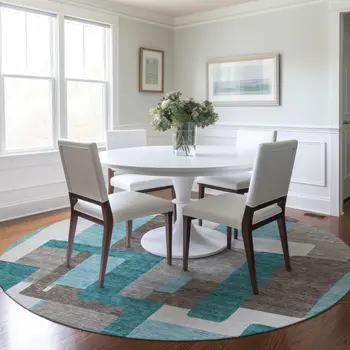 8' Teal Blue Aqua And Beige Round Abstract Washable Indoor Outdoor Area Rug