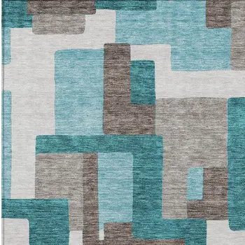 9' X 12' Teal Blue Aqua And Beige Abstract Washable Indoor Outdoor Area Rug