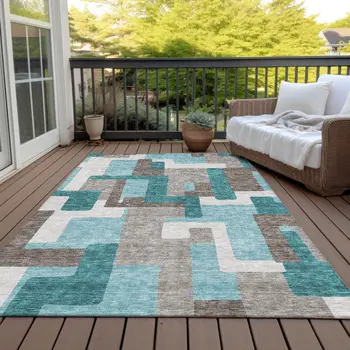10' X 14' Teal Blue Aqua And Beige Abstract Washable Indoor Outdoor Area Rug