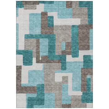 10' X 14' Teal Blue Aqua And Beige Abstract Washable Indoor Outdoor Area Rug