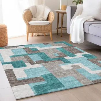 10' X 14' Teal Blue Aqua And Beige Abstract Washable Indoor Outdoor Area Rug