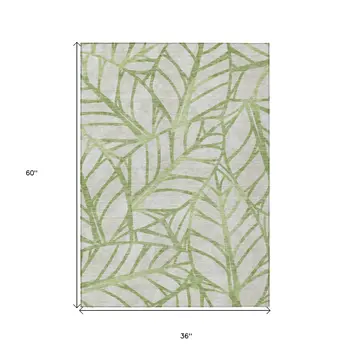 3' X 5' Artichoke Green And Beige Floral Washable Indoor Outdoor Area Rug
