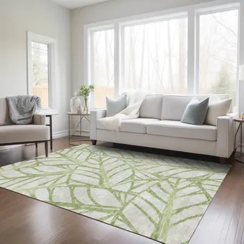 3' X 5' Artichoke Green And Beige Floral Washable Indoor Outdoor Area Rug