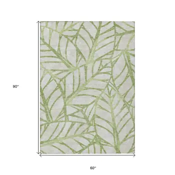5' X 8' Artichoke Green And Beige Floral Washable Indoor Outdoor Area Rug