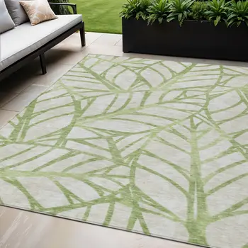 5' X 8' Artichoke Green And Beige Floral Washable Indoor Outdoor Area Rug