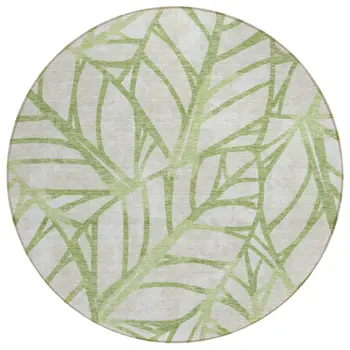8' Artichoke Green And Beige Round Floral Washable Indoor Outdoor Area Rug