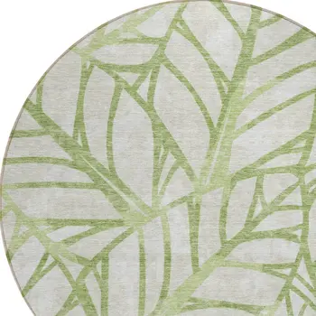 8' Artichoke Green And Beige Round Floral Washable Indoor Outdoor Area Rug