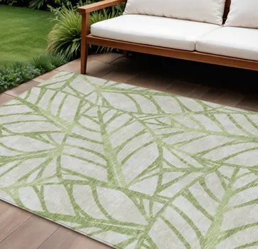 9' X 12' Artichoke Green And Beige Floral Washable Indoor Outdoor Area Rug