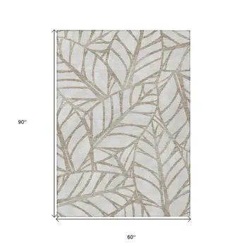 5' X 8' Beige And Brown Floral Washable Indoor Outdoor Area Rug