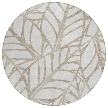 8' Beige And Brown Round Floral Washable Indoor Outdoor Area Rug
