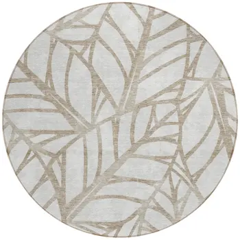 8' Beige And Brown Round Floral Washable Indoor Outdoor Area Rug