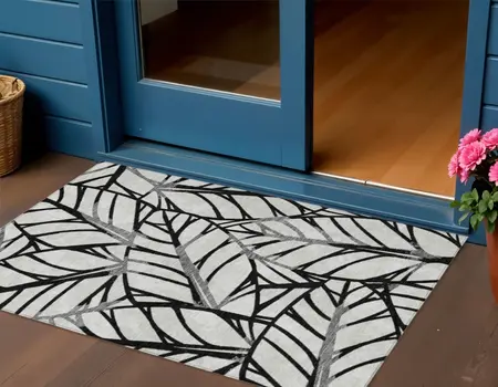 3' X 5' Black Gray And Beige Floral Washable Indoor Outdoor Area Rug