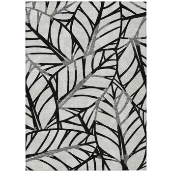 3' X 5' Black Gray And Beige Floral Washable Indoor Outdoor Area Rug