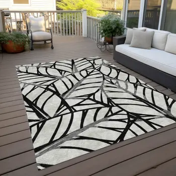 3' X 5' Black Gray And Beige Floral Washable Indoor Outdoor Area Rug