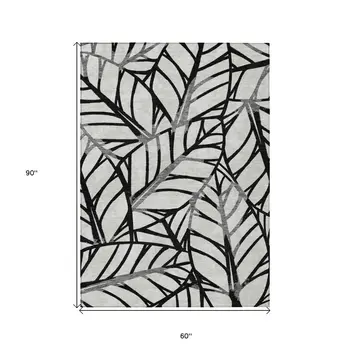 5' X 8' Black Gray And Beige Floral Washable Indoor Outdoor Area Rug