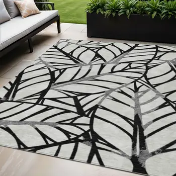5' X 8' Black Gray And Beige Floral Washable Indoor Outdoor Area Rug