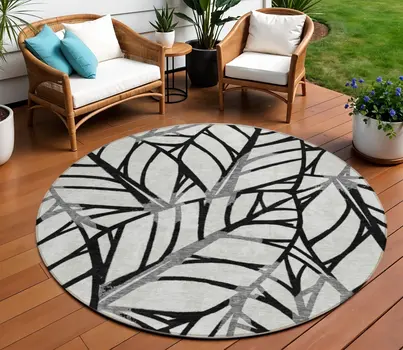 8' Black Gray And Beige Round Floral Washable Indoor Outdoor Area Rug