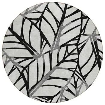 8' Black Gray And Beige Round Floral Washable Indoor Outdoor Area Rug