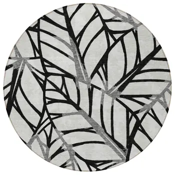 8' Black Gray And Beige Round Floral Washable Indoor Outdoor Area Rug
