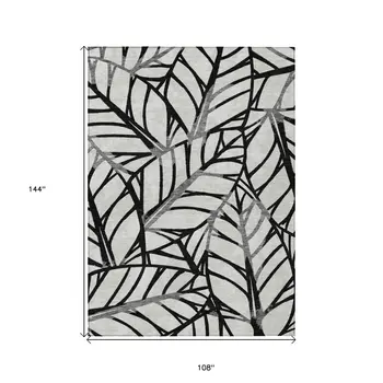 9' X 12' Black Gray And Beige Floral Washable Indoor Outdoor Area Rug