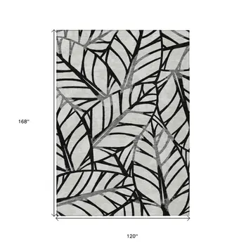 10' X 14' Black Gray And Beige Floral Washable Indoor Outdoor Area Rug