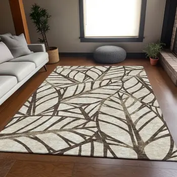 3' X 5' Chocolate And Beige Floral Washable Indoor Outdoor Area Rug