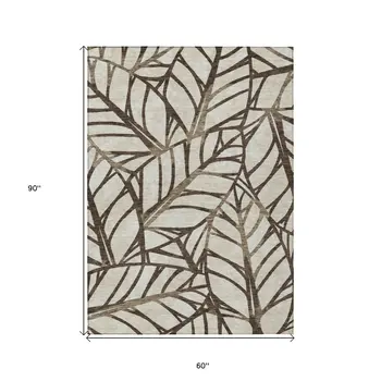 5' X 8' Chocolate And Beige Floral Washable Indoor Outdoor Area Rug