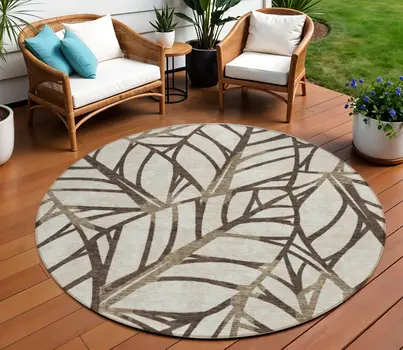 8' Chocolate And Beige Round Floral Washable Indoor Outdoor Area Rug
