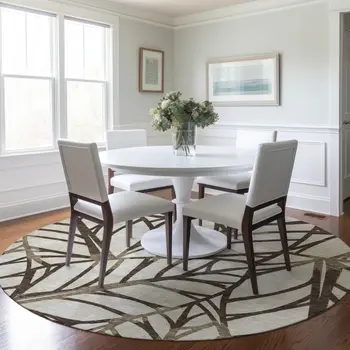 8' Chocolate And Beige Round Floral Washable Indoor Outdoor Area Rug