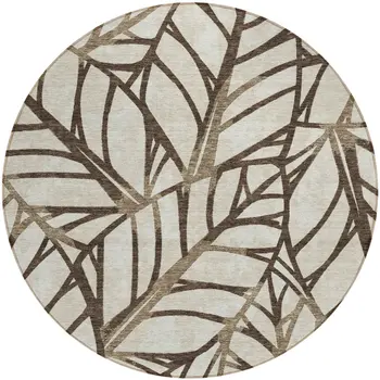 8' Chocolate And Beige Round Floral Washable Indoor Outdoor Area Rug