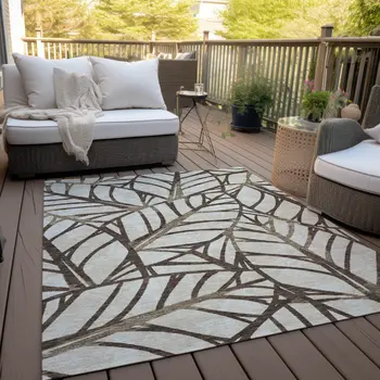 8' X 10' Chocolate And Beige Floral Washable Indoor Outdoor Area Rug