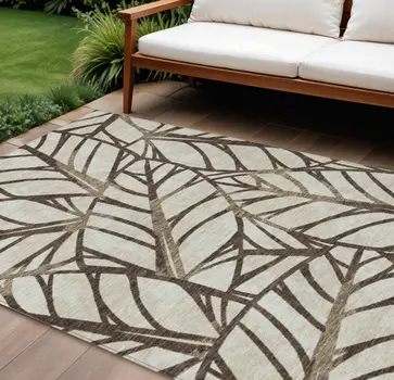 9' X 12' Chocolate And Beige Floral Washable Indoor Outdoor Area Rug
