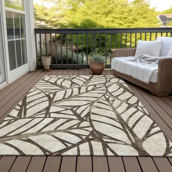 10' X 14' Chocolate And Beige Floral Washable Indoor Outdoor Area Rug