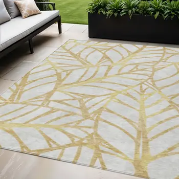 5' X 8' Gold And Beige Floral Washable Indoor Outdoor Area Rug