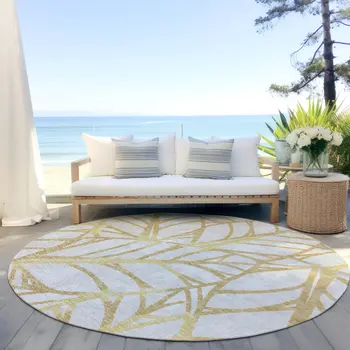 8' Gold And Beige Round Floral Washable Indoor Outdoor Area Rug