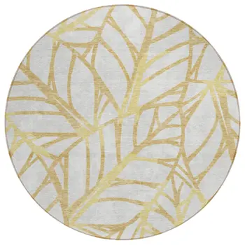 8' Gold And Beige Round Floral Washable Indoor Outdoor Area Rug