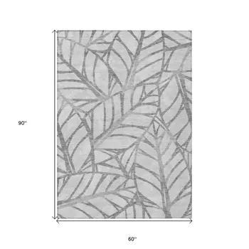 5' X 8' Gray And Silver Floral Washable Indoor Outdoor Area Rug