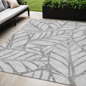5' X 8' Gray And Silver Floral Washable Indoor Outdoor Area Rug