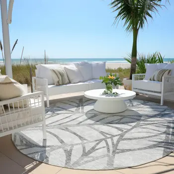 8' Gray And Silver Round Floral Washable Indoor Outdoor Area Rug