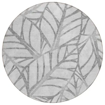 8' Gray And Silver Round Floral Washable Indoor Outdoor Area Rug