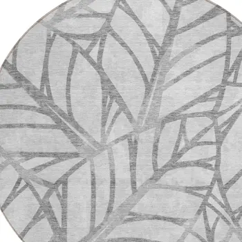 8' Gray And Silver Round Floral Washable Indoor Outdoor Area Rug